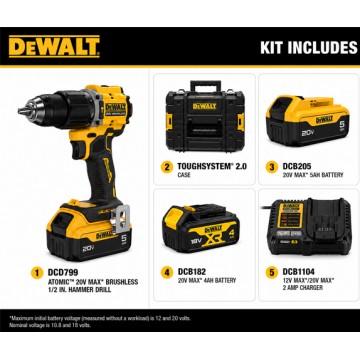 DEWALT 20V MAX BRUSHLESS ATOMIC™ HAMMER DRILL DRIVER (5.0AH x1 & 4.0AH x1) DCD799P1M1T